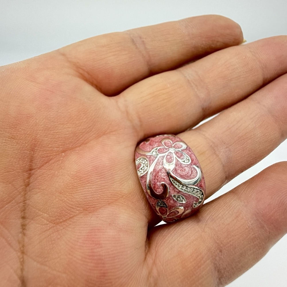 Vtg QVC Designer JWBR Sterling Silver Diamond Ring Floral Pink Enamel Sz7.25 - Picture 8 of 16